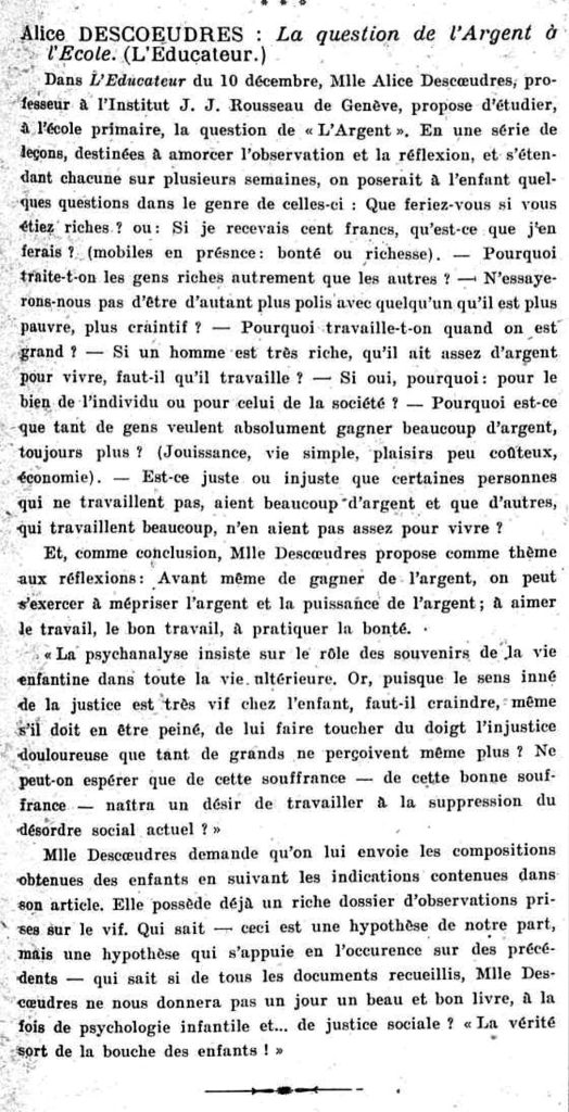 Extrait d&rsquo;un article sur l&rsquo;ouvrage d&rsquo;Alice Descoeudres paru dans Le Nouvel Essor, f&eacute;vrier 1922, p.&nbsp;3.